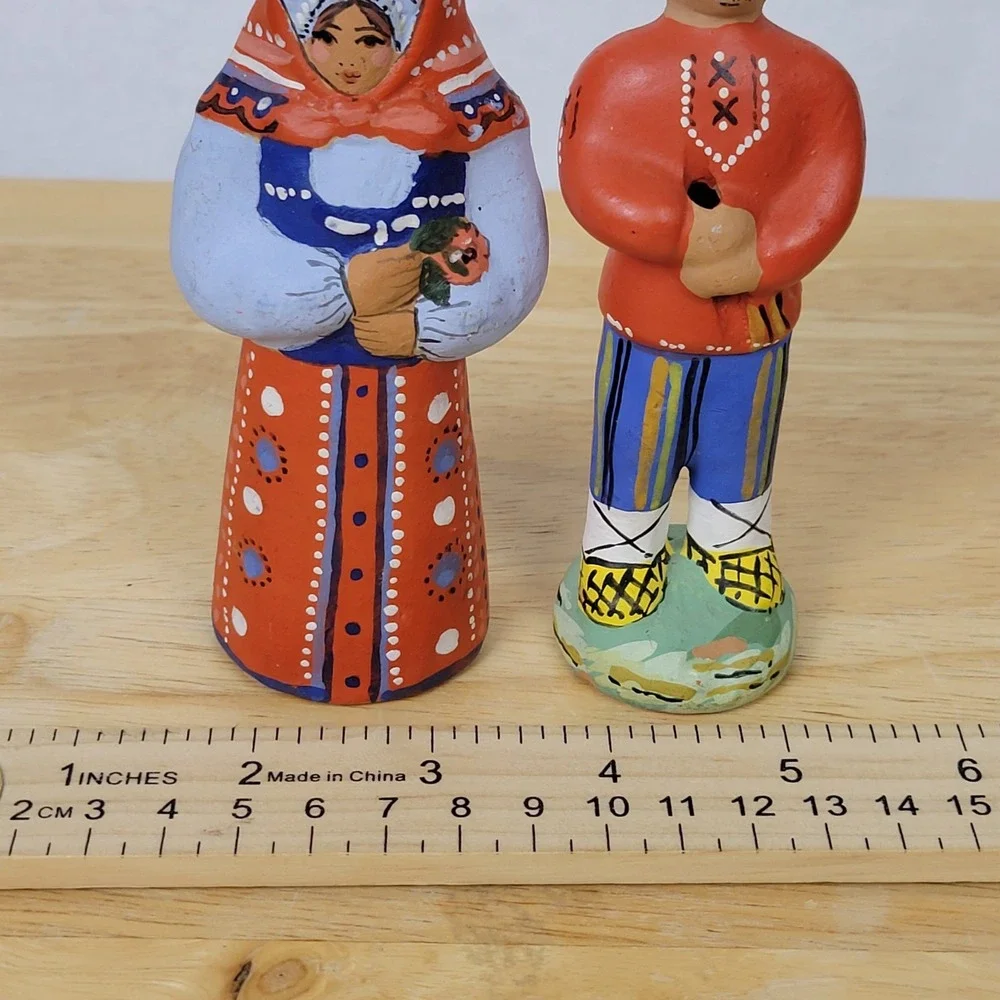 Vintage 90s Russian Pskov Clay Figurine Whistles Folk Art Hand Painted Couple
